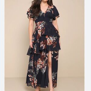 Lulu's Navy Floral Flowy Maxi Dress size XL
